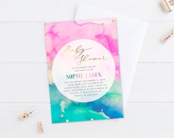 Baby Shower Invitation, PRINTABLE, Watercolor Pink And Blue Gender Reveal, Boy Girl Twins Unisex Joint Combined 1st First Birthday Invite