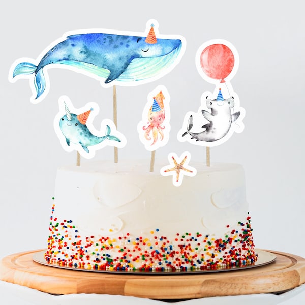 Under The Sea Cake Toppers, INSTANT DIGITAL DOWNLOAD, Printable Aquarium Ocean Animals Theme Party Decor, Shark Whale Cupcake Cut Outs, OA2