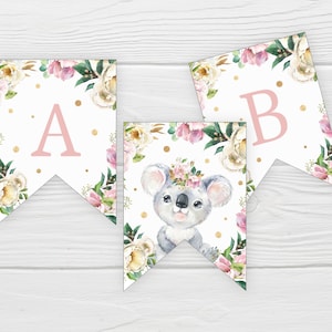 Floral Koala Bunting INSTANT DOWNLOAD Printable Pennant Banner, Native Australian Animal First 1st Birthday Party Theme Decoration Flags FK1
