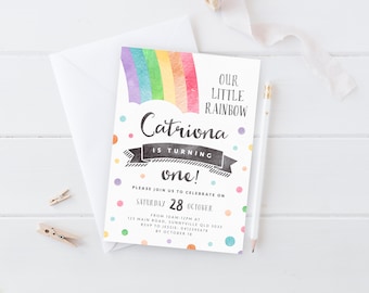 Watercolor Rainbow Invitation, PRINTABLE, Rainbow Baby Themed First 1st Birthday Party, Girl's Gender Neutral Digital File Invite, RB1
