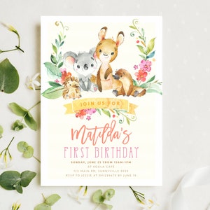 Native Australian Animals Birthday Invite, PRINTABLE, 1st First Birthday Party Koala Kangaroo Platypus Echidna Theme, Aussie Florals, NA1