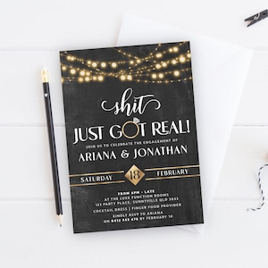 Just Got Real Engagement Party Invitation, PRINTABLE Elegant Rustic Chalk String Lights Theme Shit Got Real Bridal Shower Engagement Invite