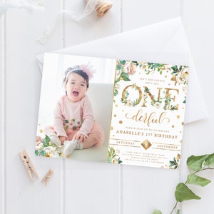 One-derful First Birthday Floral Invite, PRINTABLE, Isn&#39;t She Lovely, Girl&#39;s Boho 1st Party, Flower Theme Digital File Photo Invitation WF3