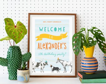 Farm Animals Party Theme, PRINTABLE, Party Animals Birthday Decor, Barnyard Farmyard Welcome Sign Digital, Colorful Boy's Party, Decor, FA1