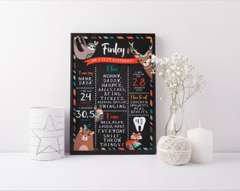 Tribal Animals Milestone Board, PRINTABLE, First 1st Birthday Print, Wild One Party Theme Decor, Aztec Animals Birthday Board, Fox Bear Stag
