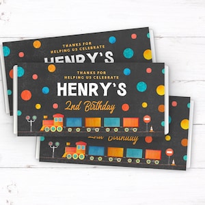 Train Theme Chocolate Wrapper, PRINTABLE, Digital File Chugga Choo Two Theme, Boy&#39;s 2nd Birthday Party Decor, Favor Thank You Gift, TR4