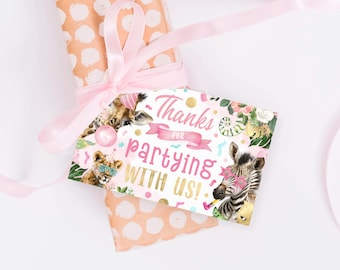Party Animals Favour Tag PRINTABLE Girl's Jungle Safari Birthday Party Theme Instant Download Digital Gift Loot Bag Pink Thank You Swing PA2