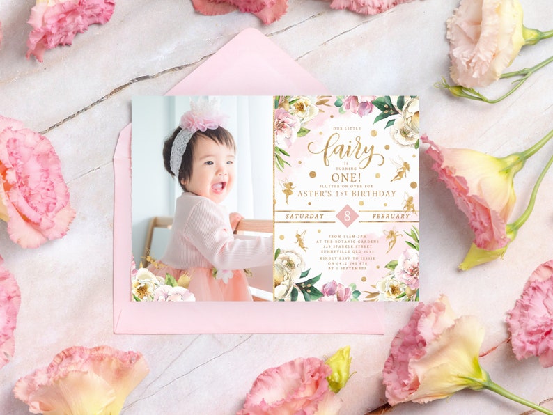 Our Little Fairy Themed Invitation PRINTABLE Girls 1st Birthday Party Photo Invite Watercolor PDF Digital File Flutter