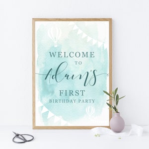 Hot Air Balloon Party Theme, PRINTABLE, Personalised Boy&#39;s 1st Birthday Welcome Sign Printable, Blue Watercolor Decoration Digital File HAB1