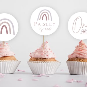 Pastel Rainbow Cupcake Toppers, PRINTABLE, Minimalist Purple Rainbow 1st First Birthday Theme, Instant Download Party Round 2&quot; Sticker, ER2