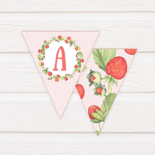 Strawberry Bunting, INSTANT DOWNLOAD, Printable Pennant Banner, Pink Green Red Gingham, Berry Sweet First 1st Birthday Decoration Flags, BS1