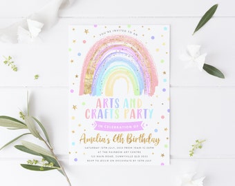 Arts and Crafts Party Invitation, PRINTABLE, Rainbow Art and Craft Party Invite, Cute Girl's Painting Birthday Party Theme Digital File, RA1