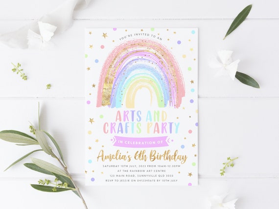 Arts and Crafts Party Invitation, PRINTABLE, Rainbow Art and Craft Party Invite, Cute Girl's Painting Birthday Party Theme Digital File, RA1