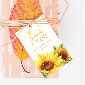 Zonnebloem gunst tag, afdrukbare, baby shower strooi Instant digitale dank u, aquarel gele bloemen cadeau Loot Bag gunst Swing Tag, SF1