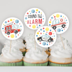 Emergency Vehicle Cupcake Toppers, PRINTABLE Digital Firetruck Police Car Themed Birthday Decor, Instant Download Party Round 2&quot; Sticker EV1