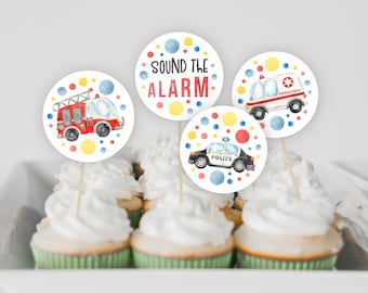 Emergency Vehicle Cupcake Toppers, PRINTABLE Digital Firetruck Police Car Themed Birthday Decor, Instant Download Party Round 2" Sticker EV1