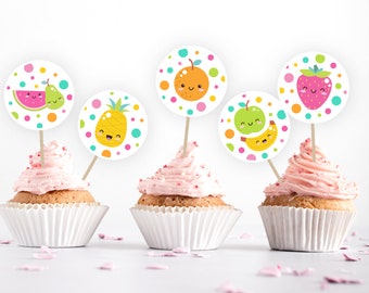 Kawaii Fruit Cupcake Toppers, PRINTABLE Digital Two-tti Frutti Themed 2nd Birthday, Tutti Frutti Instant Download Party Round 2" Sticker TF2