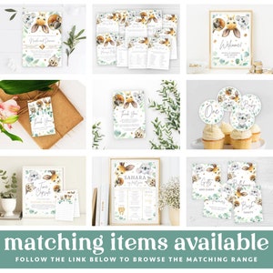 K&ouml;nnte beinhalten: Ein Set mit druckbaren Babyparty-Dekorationen mit einem niedlichen Koala- und K&auml;nguru-Design. Das Set beinhaltet Einladungen, Dankeskarten, Cupcake-Topper und ein Willkommens-Schild. Die Dekorationen sind in einem gr&uuml;n-goldenen Farbschema mit Aquarell-Effekt gehalten.