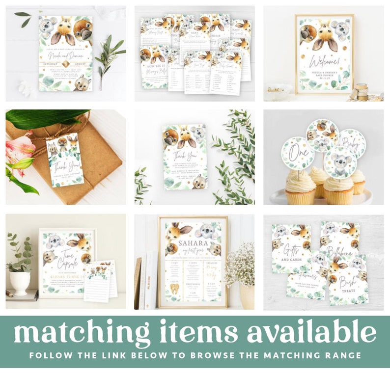 K&ouml;nnte beinhalten: Ein Set mit druckbaren Babyparty-Dekorationen mit einem niedlichen Koala- und K&auml;nguru-Design. Das Set beinhaltet Einladungen, Dankeskarten, Cupcake-Topper und ein Willkommens-Schild. Die Dekorationen sind in einem gr&uuml;n-goldenen Farbschema mit Aquarell-Effekt gehalten.