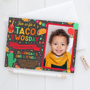 Taco Twosday Invite, PRINTABLE, Mexican Fiesta Party Theme, Taco Tuesday Boy&#39;s Birthday, 2nd Birthday Digital File Photo Invitation, TAT1