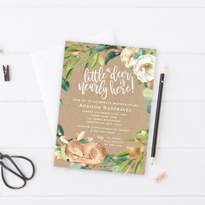 Deer Baby Shower Invitation, PRINTABLE, A Little Deer Is Nearly Here, Floral Kraft Paper Baby Sprinkle Invite, Woodland Baby Shower Digital