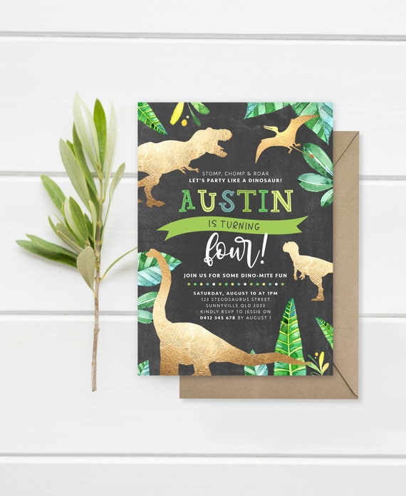 Dinosaur Invitation, PRINTABLE, Chalk Gold Dino Invite, 1st 2nd 3rd 4th 5th Boy's T-Rex Birthday Party Theme, Stomp Chomp Roar, DN3