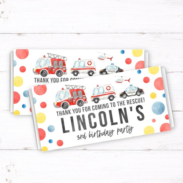 Emergency Chocolate Wrapper, PRINTABLE, Rescue Vehicles Boy's Birthday Party Theme, Ambulance Police Firetruck, Favor Thank You Gift, EV1
