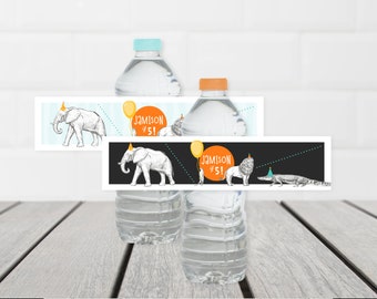 Party Animals Water Bottle Label, PRINTABLE, Zoo Safari Jungle Themed Drink Wrapper, Digital Download Party Hat Animals Decoration, PA1