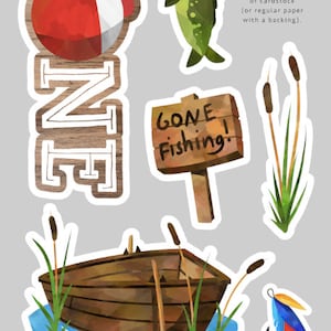 May include: A set of printable cake toppers featuring a fishing theme. The toppers include a wooden sign that says "Gone Fishing!" a red and white bobber, a green fish, a brown wooden boat with oars, and two green reeds with brown tips.