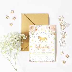 Gold Horse Invitation, DIGITAL DOWNLOAD, Printable Floral Horse Riding Party Invite, Cowgirl Pony Themed Girl&#39;s Birthday, Peach & Gold, HP1