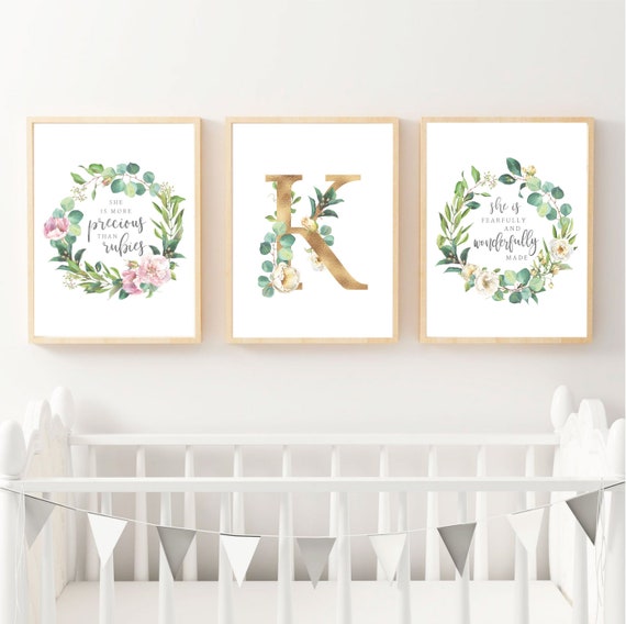 Floral Nursery Wall Art, PRINTABLE, Personalised Name Initial Print Set,  Baby Girl More Precious Than Rubies, Fearfully And Wonderfully Made