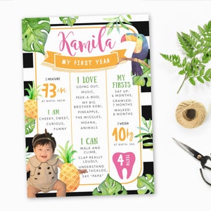 Tropical Milestone Board, PRINTABLE, First 1st Birthday Party Keepsake, Birthday Board, Pineapple Toucan Foliage, Tropical Theme Decor