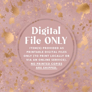 K&ouml;nnte beinhalten: Ein Hinweis auf ein digitales Produkt mit rosa Hintergrund und goldenen Spritzern. Der Text lautet "Digitaler Download NUR. Artikel(s) als druckbare digitale Dateien bereitgestellt (zum Ausdrucken vor Ort oder &uuml;ber einen Online-Dienst). Es werden keine gedruckten Exemplare versandt."