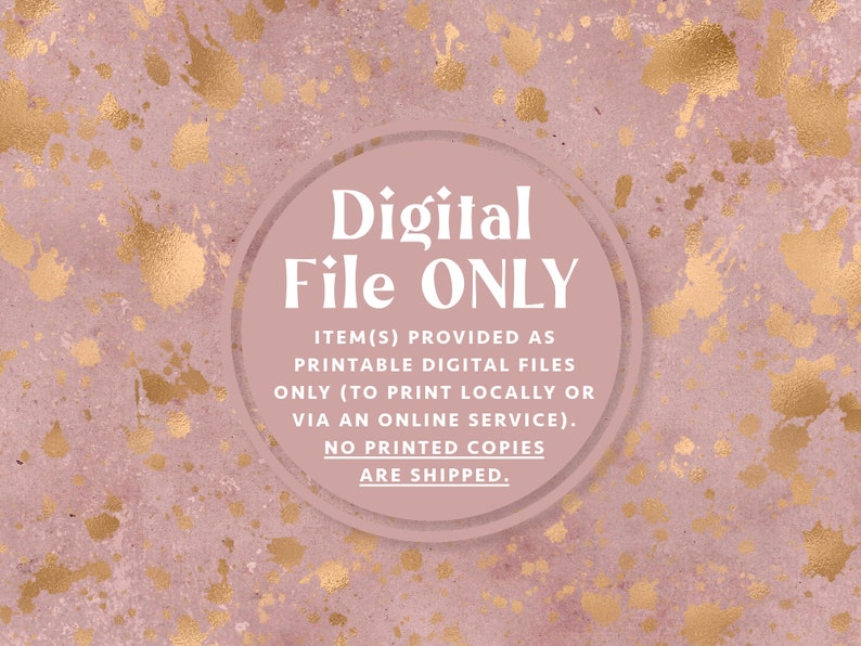 K&ouml;nnte beinhalten: Ein Hinweis auf ein digitales Produkt mit rosa Hintergrund und goldenen Spritzern. Der Text lautet "Digitaler Download NUR. Artikel(s) als druckbare digitale Dateien bereitgestellt (zum Ausdrucken vor Ort oder &uuml;ber einen Online-Dienst). Es werden keine gedruckten Exemplare versandt."
