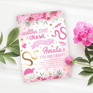 Girl&#39;s Reptile Party Invitation, PRINTABLE, Snake Lizard Tortoise Birthday Theme, Cute Pink Creepy Crawly Invitation Digital Download, RP2