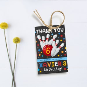 Bowling Party Thank You Tag, PRINTABLE, Boy&#39;s Tenpin Birthday, Personalised Digital Gift Lolly Loot Bag Swing Tag Favor, BP1