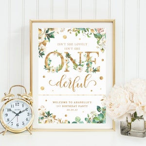 Onederful Welcome Sign, PRINTABLE, Personalised Girl's 1st First Birthday, Isn't She Lovely One-derful Party Theme, Gold Floral Decor WF3