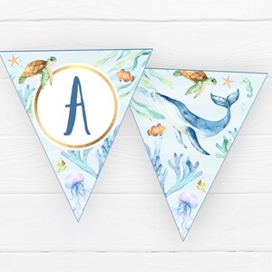 Under The Sea Party Bunting, INSTANT DOWNLOAD, Ocean Animal Printable Pennant Banner Digital File, Whale Theme 1st Birthday Decor Flags, OA1