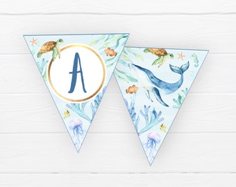 Under The Sea Party Bunting, INSTANT DOWNLOAD, Ocean Animal Printable Pennant Banner Digital File, Whale Theme 1st Birthday Decor Flags, OA1