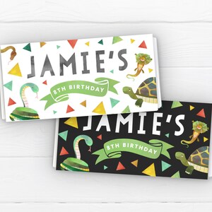 May include: Two printable designs for a birthday party favor.  The designs feature a black and white background with colorful confetti and a green snake and turtle.  The text on the design reads "Jamie's 8th Birthday".