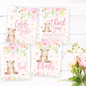 Teddy Bear Picnic Party Signage, INSTANT DOWNLOAD Pink Floral Bear First 1st Birthday Decoration, Digital Cards & Gifts Sign 8x10 Size TBPG1