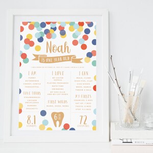 Pastel Confetti Birthday Board PRINTABLE Boy&#39;s 1st First Birthday Digital Download, Rainbow Sprinkles Party Decoration, Milestone Chart RC5
