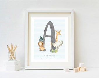 Jungle Animals Nursery Art, PRINTABLE Personalised Name Initial Birth Statistics Boy's Bedroom Wall Decor, Newborn Gift Baby Safari BS2