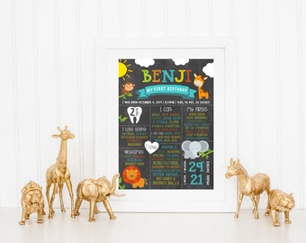 Jungle Milestone Board, PRINTABLE, First 1st Birthday Poster Print, Jungle Themed Party Decoration, Chalkboard  Zoo Safari Birthday Board,