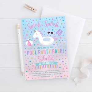 Pool Party Invitation, PRINTABLE, Girl&#39;s Swimming Birthday Theme, Splish Splash It&#39;s A Pool Party Bash, Digital File PDF Summer Invite