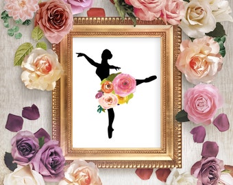 Ballerina wall art print, INSTANT DOWNLOAD, prima ballerina gift, dance recital gift, girl's floral nursery bedroom decor, ballet dancer