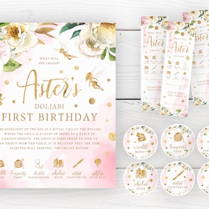 Doljabi Design, DRUCKBARES zauberhaftes Feen-Thema zum 1. ersten Geburtstag Doljanchi, Roségold Mädchen-Dol-Gewinnspielticket + Aufkleber Digitale Datei, GF2