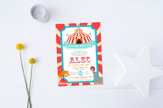 Circus Themed Invitation, PRINTABLE, First 1st Birthday Party Boy's Unisex Baby Shower Invite, Digital Download Carnival Invite, MatildaMoon