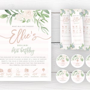 Blush Doljabi Design, DRUCKBAREs Blumen-Rosa-Pfirsich-Thema 1. Erster Geburtstag Doljanchi, Mädchen-Dol-Gewinnspielticket und Aufkleber Digitale Datei GP1