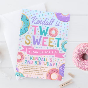 Two Sweet Invitation, PRINTABLE Girl's Second 2nd Birthday Party Invite Donut Doughnut Party Theme, Digital File Invite Pink Purple, TS1